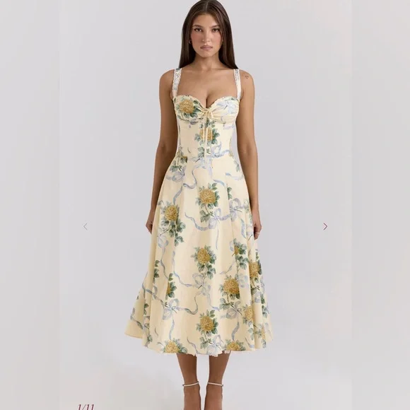 House of CB Lemon Vintage Ribbon Midi Floral Dress L+/D-cup - Picture 4 of 6